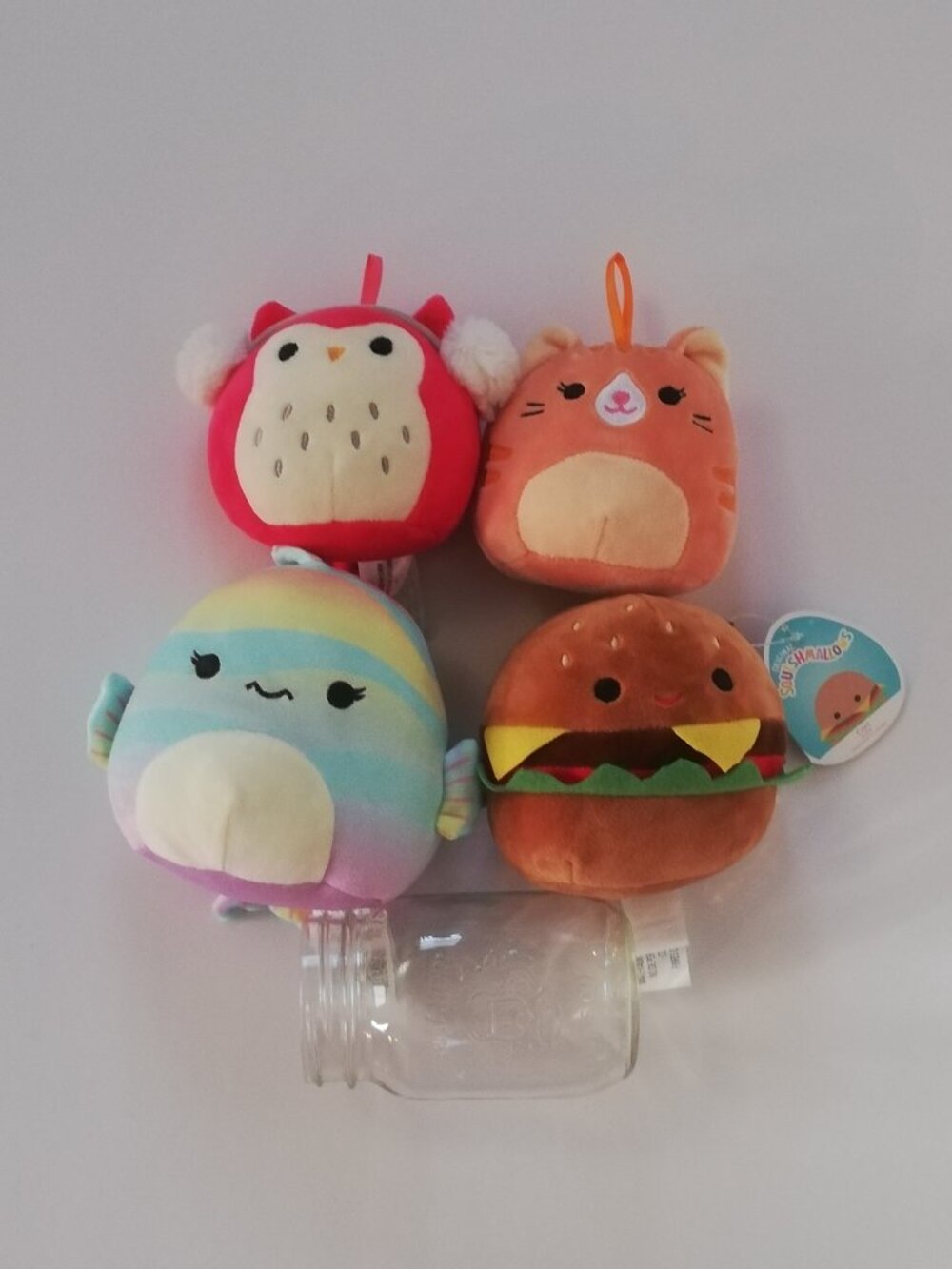 Squishmallow Owl, Cat, Rainbow Fish & Hamburger 6" Lot of 4